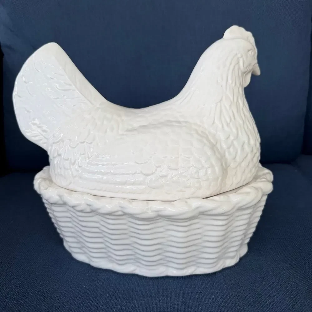 Hen On Nest Soup Tureen Pier 1 Ceramic White Chicken in Basket Serving FLAWED